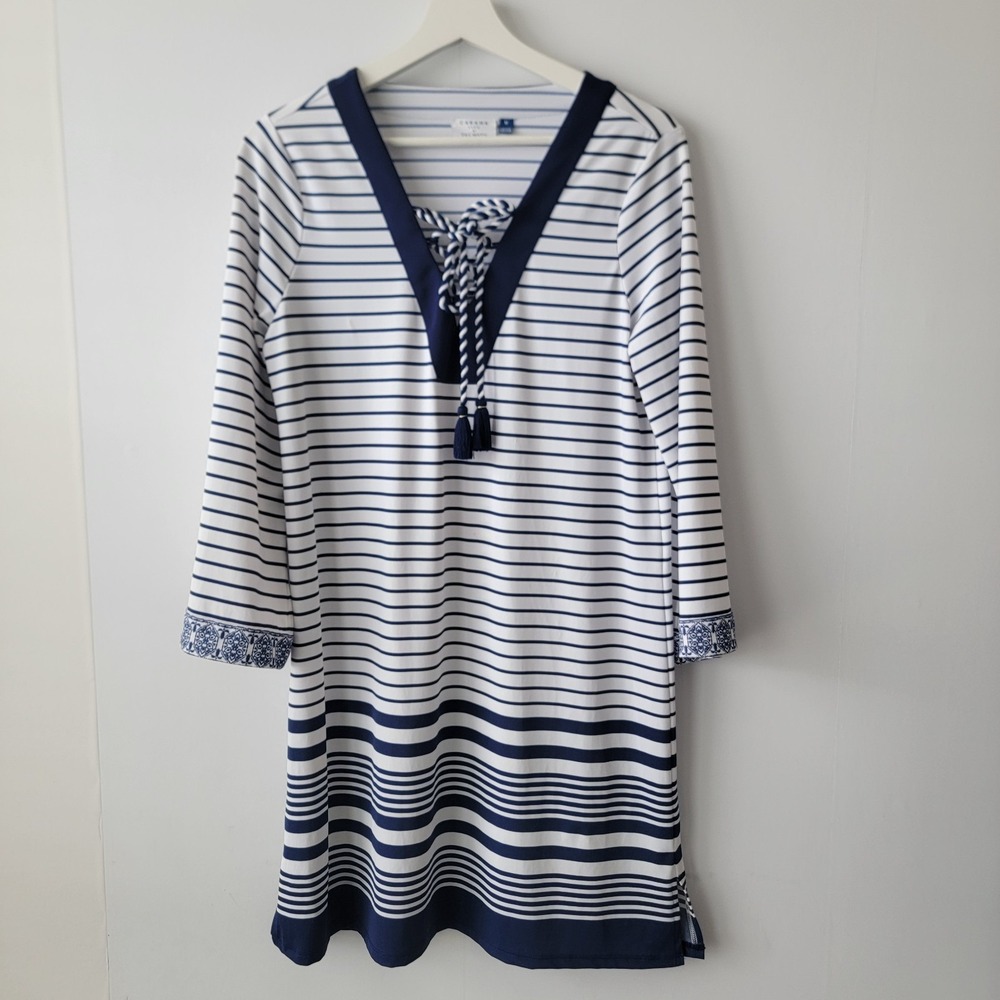 cabana life x talbots women's striped dress size M lace‎ up tassels 3/4 sleeve